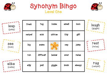 Synonym Bingo -Green Level Words- 2 activity sets