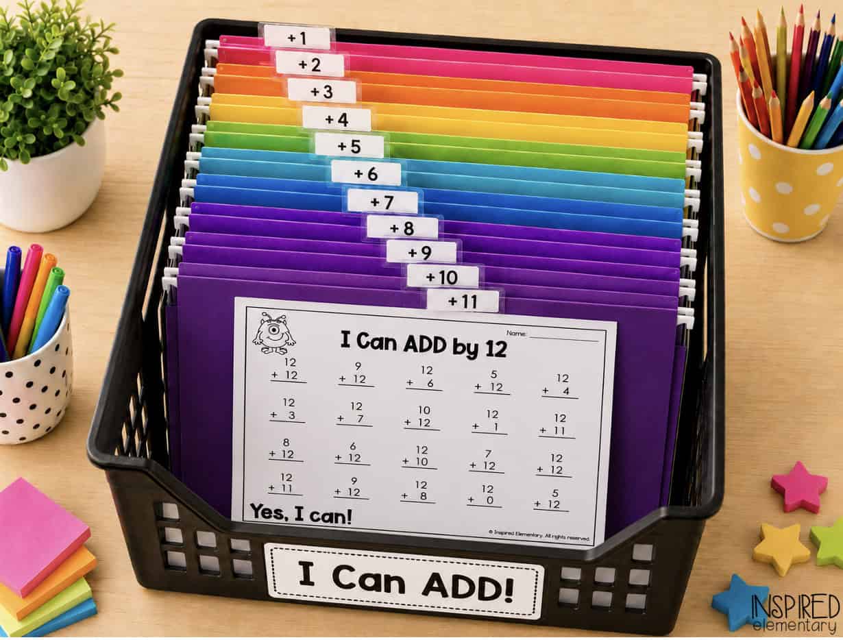Organized addition math fact fluency worksheets for classroom practice