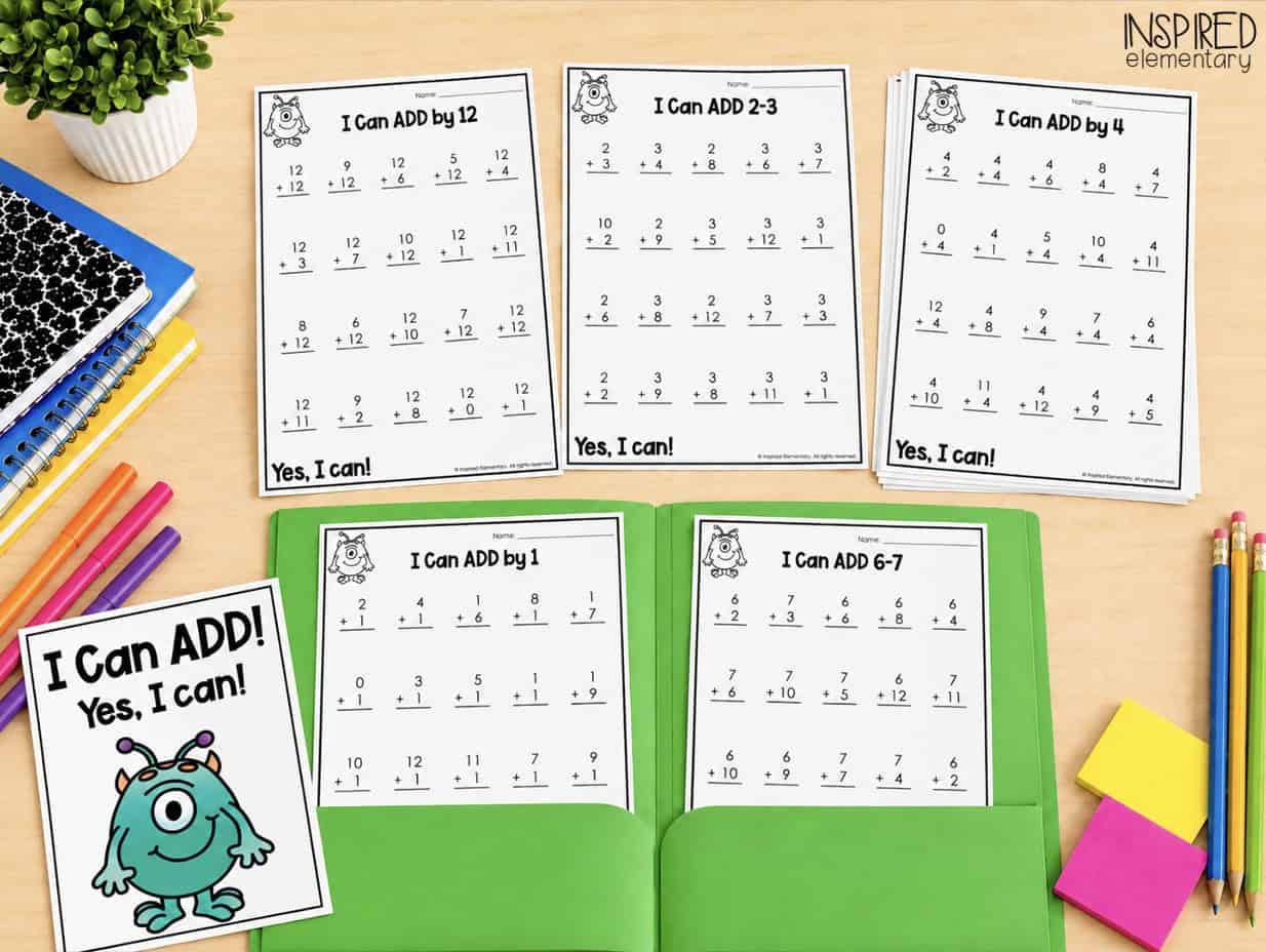 Growth mindset addition math facts practice for first and second grade