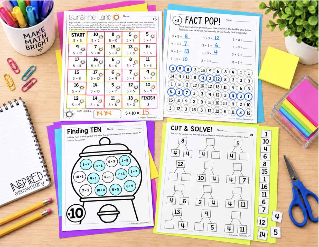 Fun addition math fact games and math fact practice worksheets
